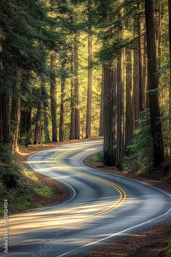 A winding road meanders through the majestic California redwoods, the towering trees swaying gently in the breeze under daylight