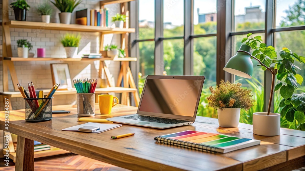 Fototapeta premium Modern creative workspace with a laptop, design books, and colorful graphic elements on a wooden desk, surrounded by inspirational notes and sketches.