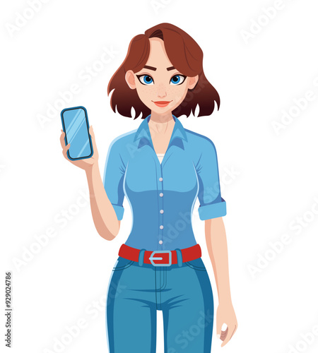ector illustration a woman stands holding a mobile phone, showing its screen to the viewer