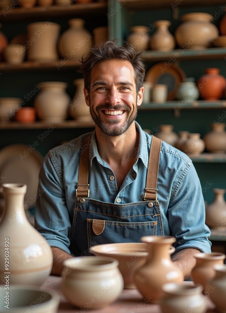 In a vibrant pottery studio, a smiling potter showcases his creations, with colorful shelves blurred to enhance the lively atmosphere. In a vibrant pottery studio, a smiling potter showcases his creations, with colorful shelves blurred to enhance the lively atmosphere.