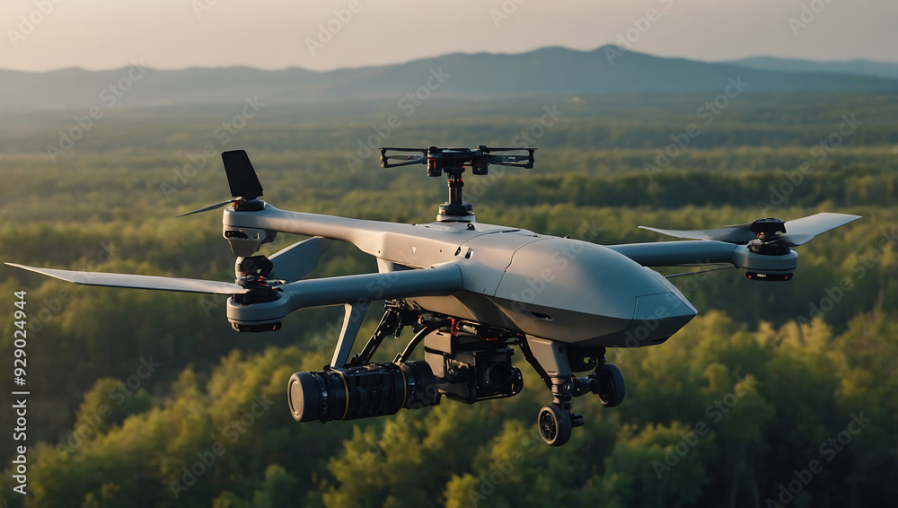 Modern military drones soaring through vibrant sunset sky Modern military drones soaring through vibrant sunset sky