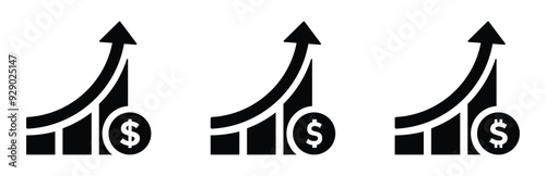 Dollar rate increase vector icon set. Rise cost vector illustration. Business money cash increase design set