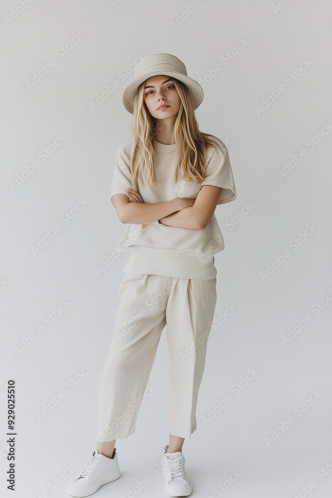 An urban street-style blonde girl stands confidently in a white studio, her look exuding trendy minimalism An urban street-style blonde girl stands confidently in a white studio, her look exuding trendy minimalism