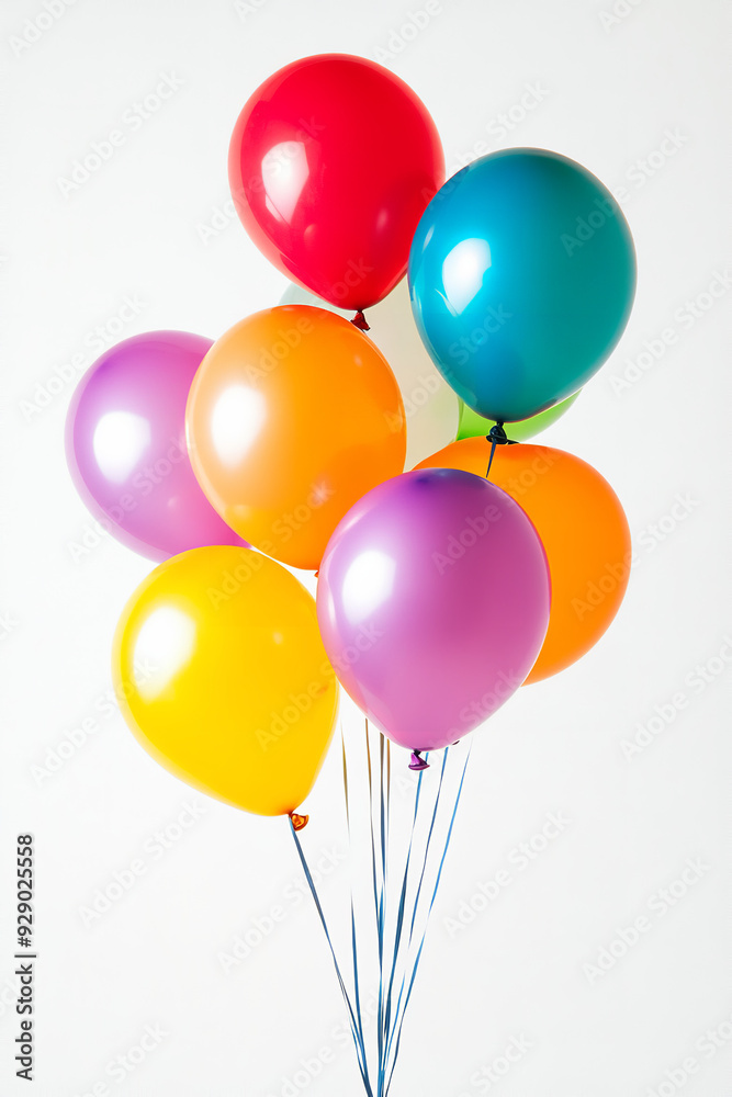 Bright balloons in various colors float against a white background, creating a cheerful and festive atmosphere Bright balloons in various colors float against a white background, creating a cheerful and festive atmosphere