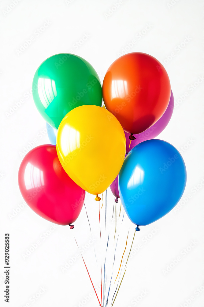 Bright balloons in various colors float against a white background, creating a cheerful and festive atmosphere Bright balloons in various colors float against a white background, creating a cheerful and festive atmosphere
