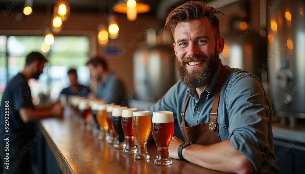 Inside a bustling brewery, a brewmaster poses with colorful beer samples, his warm smile inviting patrons as the background softly blurs. Inside a bustling brewery, a brewmaster poses with colorful beer samples, his warm smile inviting patrons as the background softly blurs.