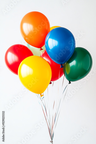Bright balloons in various colors float against a white background, creating a cheerful and festive atmosphere