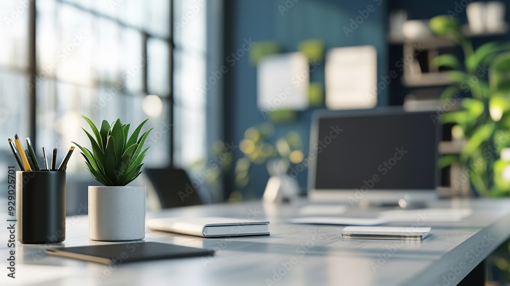 Modern Minimalist Office Desk: A sleek and stylish workspace with a minimalist aesthetic, featuring a clean white desk, a potted plant, a black pencil holder, and a laptop computer. Modern Minimalist Office Desk: A sleek and stylish workspace with a minimalist aesthetic, featuring a clean white desk, a potted plant, a black pencil holder, and a laptop computer.
