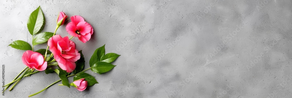 Vibrant pink flowers with green leaves on a gray textured background. Perfect for floral designs, invitations, and nature-themed projects. Vibrant pink flowers with green leaves on a gray textured background. Perfect for floral designs, invitations, and nature-themed projects.