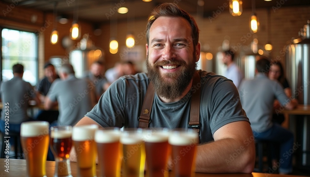 Inside a bustling brewery, a brewmaster poses with colorful beer samples, his warm smile inviting patrons as the background softly blurs. Inside a bustling brewery, a brewmaster poses with colorful beer samples, his warm smile inviting patrons as the background softly blurs.