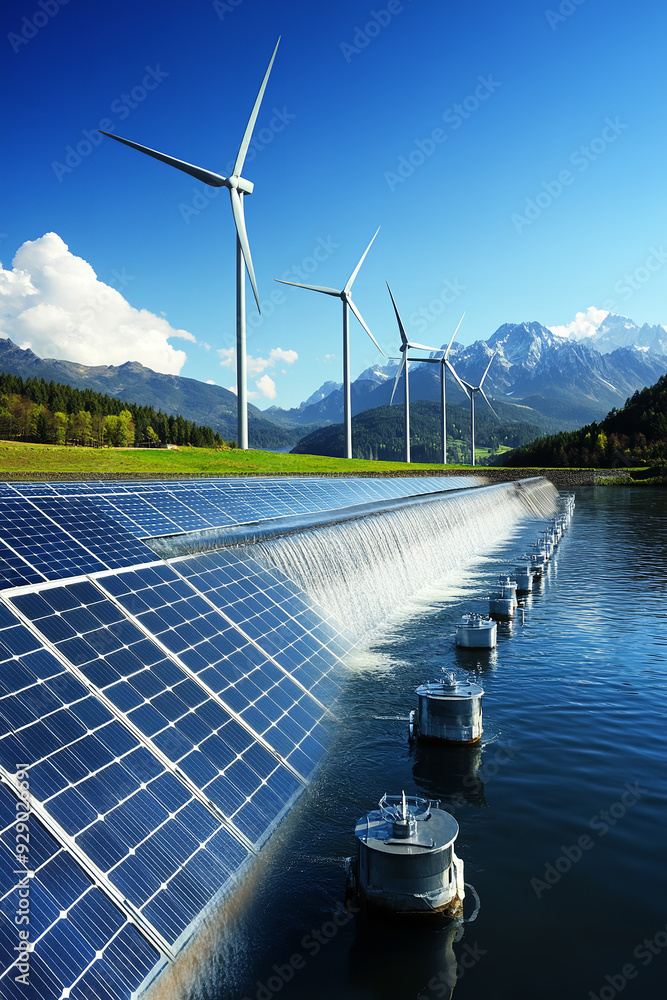 The renewable energy concept is represented through a harmonious blend of various sustainable sources