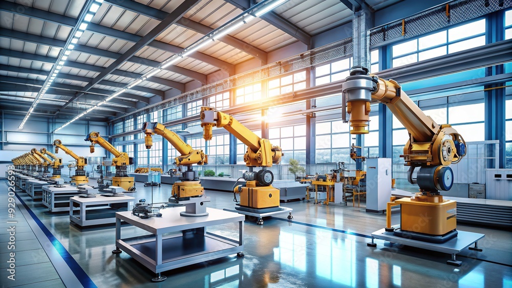 Modern factory interior with robotic arms, 3D printers, and data analysts working together, representing innovative manufacturing and technological advancements in industry trends 2024.