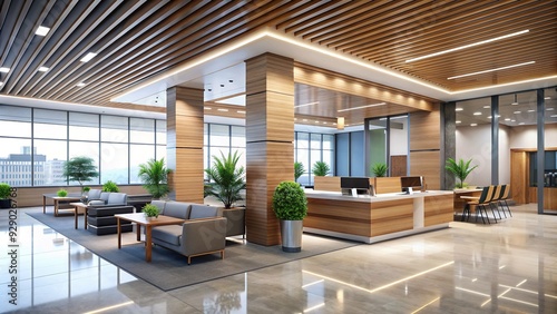 Modern financial institution interior with sleek lines, natural light, and wood accents, conveying a sense of trust, security, and community banking.