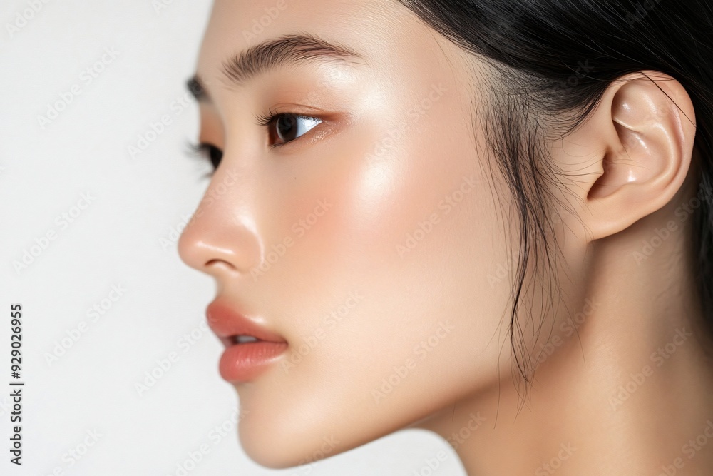Beautiful young asian woman showing perfect healthy glowing skin on white background Beautiful young asian woman showing perfect healthy glowing skin on white background