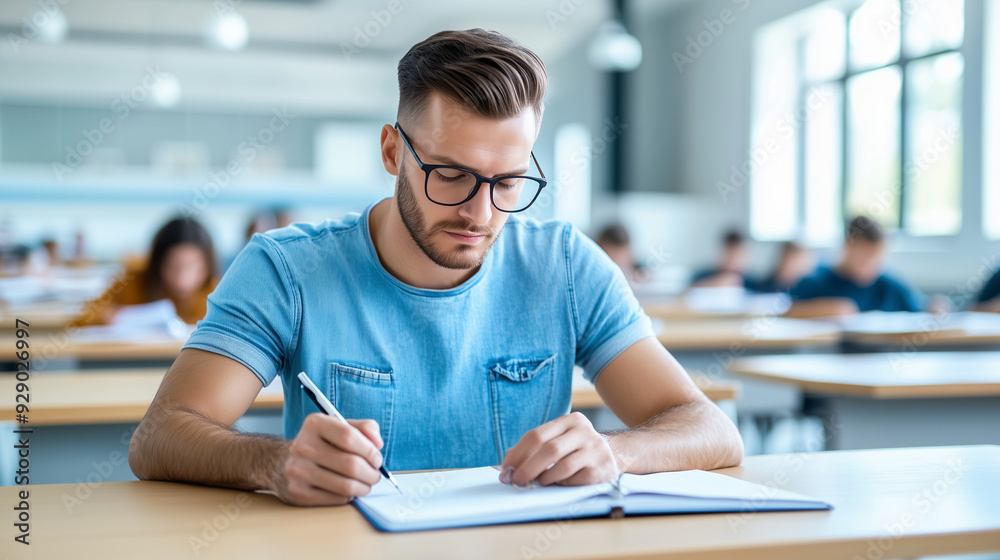In a bright and modern classroom, an adult student takes detailed notes, fully immersed in the learning process. The setting emphasizes the importance of continued education and pe