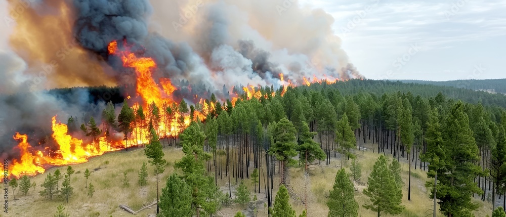 Aerial view of a forest fire with smoke and flames spreading through the trees, depicting an environmental disaster scene. Aerial view of a forest fire with smoke and flames spreading through the trees, depicting an environmental disaster scene.