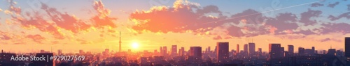 Enchanted anime-style City Skyline at Golden Hour: A Creative Marketing Concept Illustrating the Commuter's Journey,Anime-Style,illustration,Picture BooksFor Poster,Novel,UI,WEB,Game,Design,Abstract