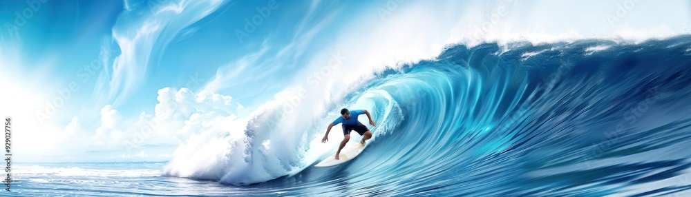 Surfer riding a powerful wave under a clear blue sky, showcasing the thrill and excitement of water sports and ocean adventures. Surfer riding a powerful wave under a clear blue sky, showcasing the thrill and excitement of water sports and ocean adventures.