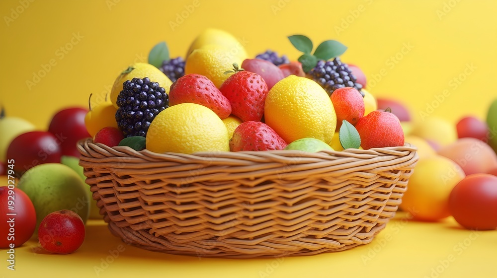 Vibrant 3D Rendered Organic Fruits in Wicker Basket Vibrant 3D Rendered Organic Fruits in Wicker Basket