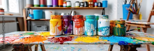 Wallpaper Mural Colorful paint jars on an artistic table in a creative studio, showcasing a vibrant workspace filled with tools and supplies for painting. Torontodigital.ca