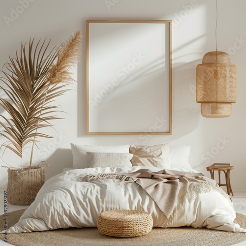 Mockup frame in bedroom interior background