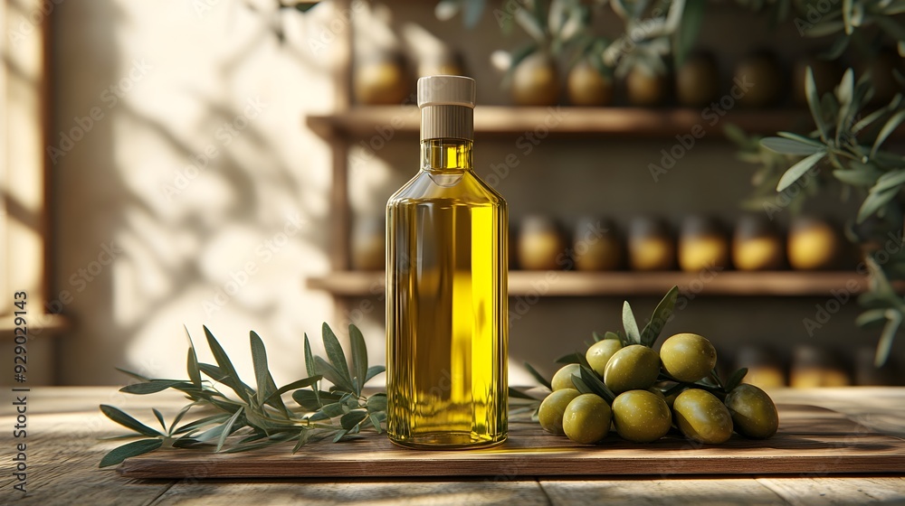 Artisanal Organic Olive Oil Bottle with Fresh Olives and Leaves in 3D Artisanal Organic Olive Oil Bottle with Fresh Olives and Leaves in 3D