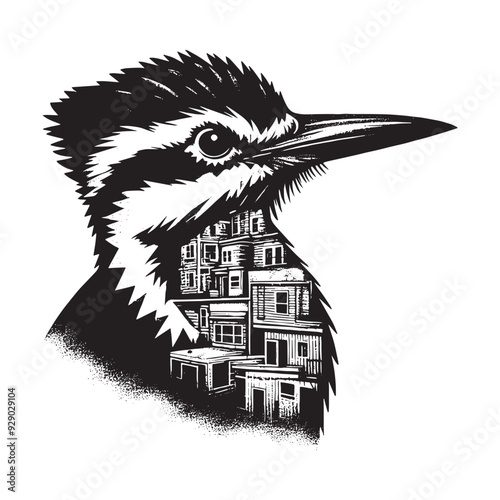 silhouette of Woodpecker filled with ghetto street in rough drawing