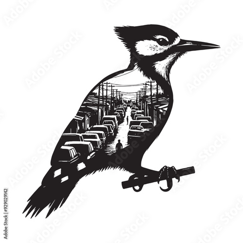 silhouette of Woodpecker filled with ghetto street in rough drawing