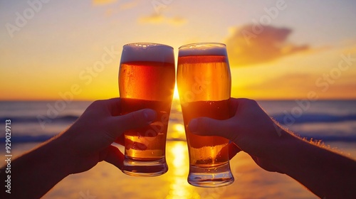 A pair of hands clinking glasses of craft beer together in a celebratory toast, with the vibrant sunset in the background casting a warm glow over the scene photo