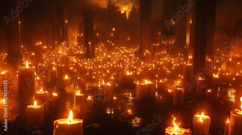 A collection of burning beeswax candles, including large pillars and pinecone shapes