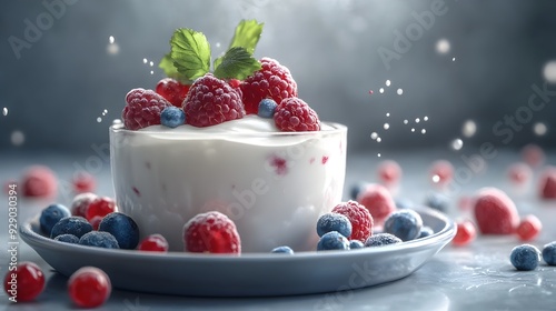 Organic Yogurt in Glass Jar with Fresh Berries 3D for Health and Wellness Concept