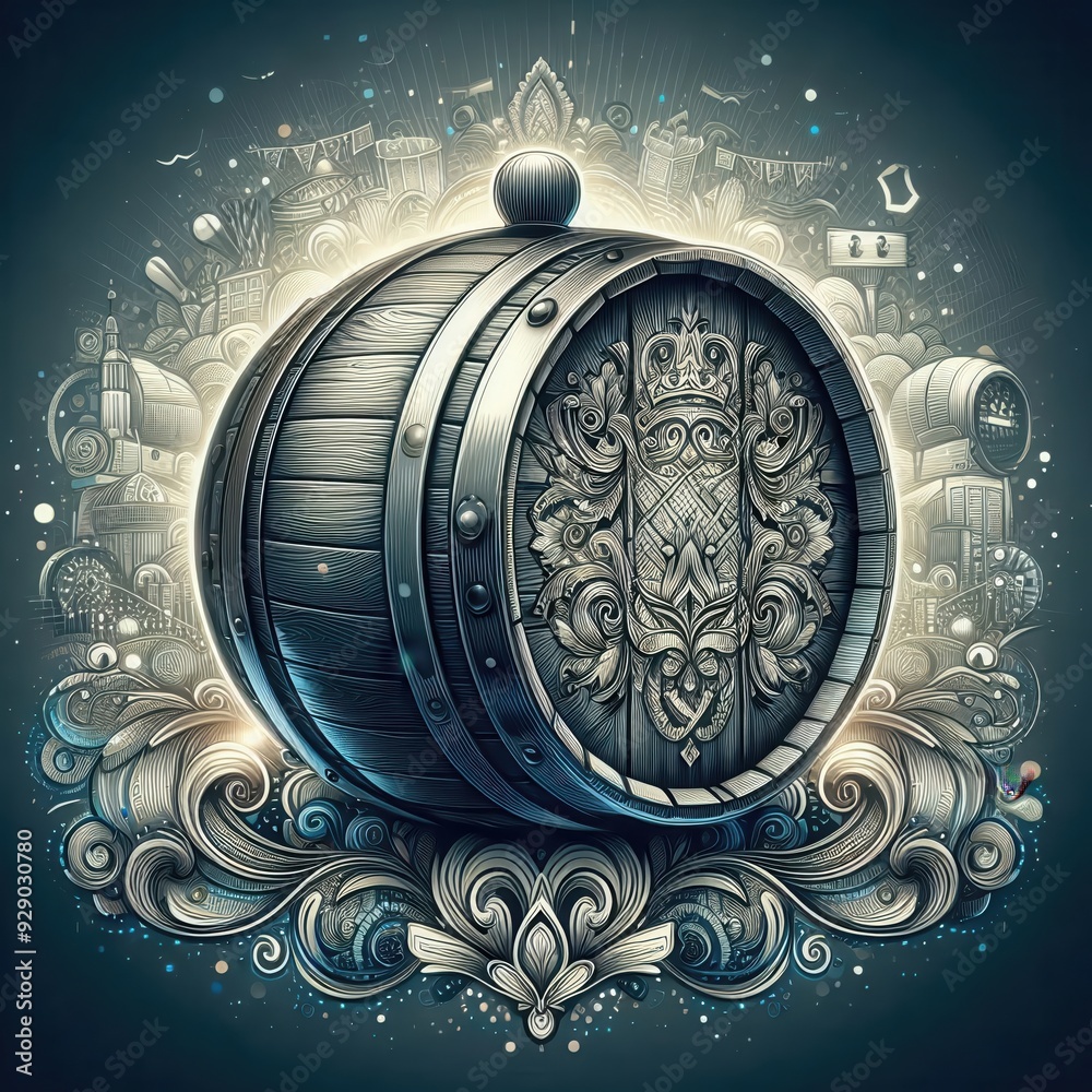 Naklejka premium Artistic illustration of a wooden barrel adorned with intricate designs, ideal for beverages, distilleries, and rustic-themed projects.