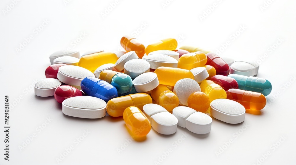 Many colored capsule pills on white background. Neural network ai generated art Many colored capsule pills on white background. Neural network ai generated art