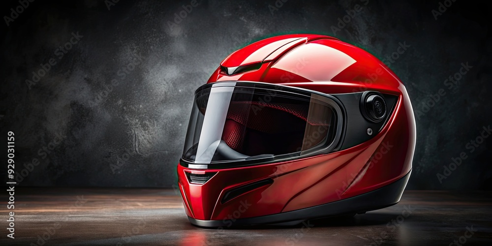 Fototapeta premium Red motorcycle helmet placed on a dark background, motorcycle, helmet, safety gear, red, protective, headwear