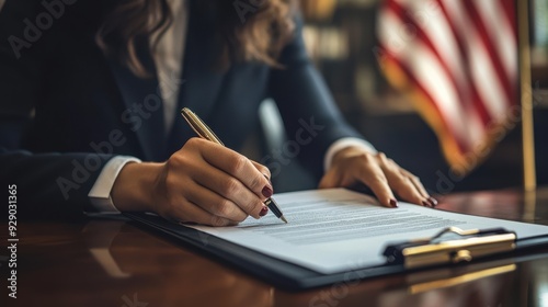 American Official Woman Signing Document with US Flag in the Background