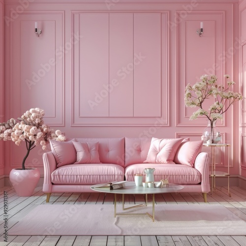luxury pink pastel living room interior with sofa