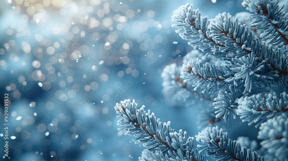 branches with snow. Snow-covered branches with falling snowflakes against a blue background. New Year, Christmas. Perfect for seasonal promotions.