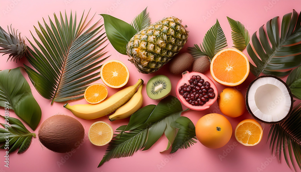collection tropical fruits leaves artfully arranged pink background evoking sense freshness exotic beauty collection tropical fruits leaves artfully arranged pink background evoking sense freshness exotic beauty