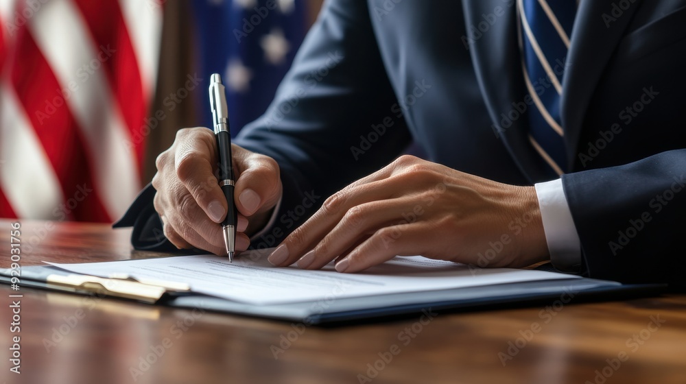American Official Woman Signing Document with US Flag in the Background American Official Woman Signing Document with US Flag in the Background