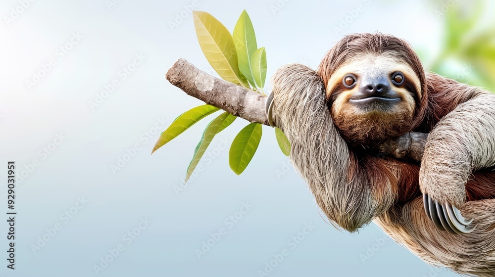 Naklejka premium Adorable sloth hanging from a tree branch, surrounded by leaves, with a contented expression. Bright, natural background.