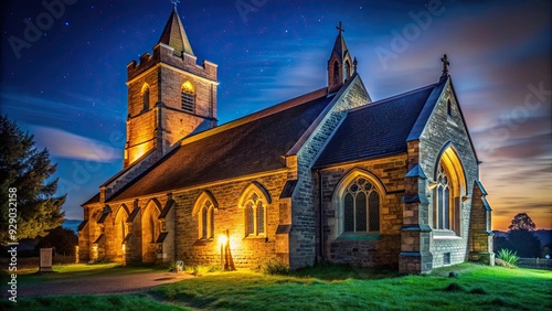 Church illuminated at night , church, night, illuminated, lighting, architecture, religious, building, lights, glowing