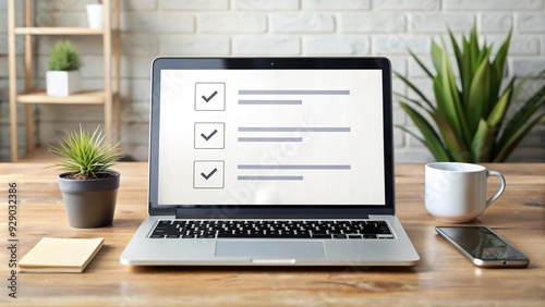 Modern laptop computer screen displaying online multiple-choice quiz or examination, with cursor hovering over answer options on a clean minimalist desk background.