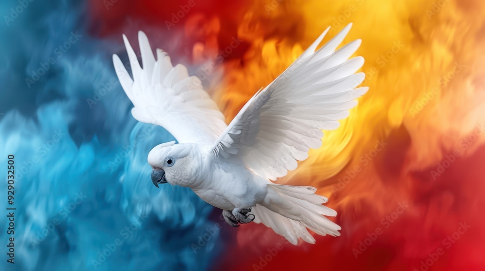 Obraz premium White parrot flying with vibrant red and blue smoke background, showcasing contrast and motion in high-quality photography.