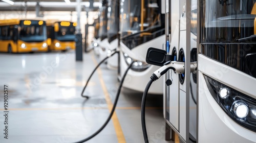 An electric bus charging station, with buses lined up and charging through overhead cables