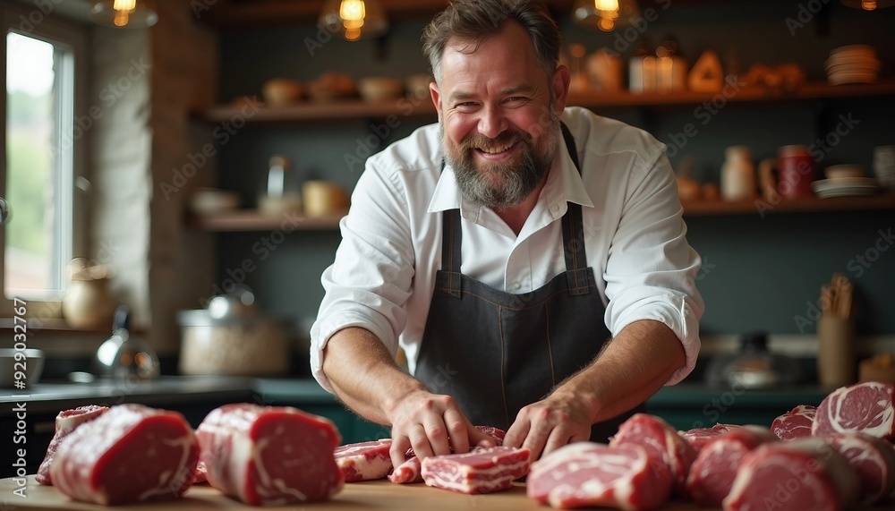 Portrait of a butcher with a warm smile, arranging meat on a cutting table. Balanced composition with natural light, depth of field, and space for text create an advertising-style appearance.
Portrait of a butcher with a warm smile, arranging meat on a cutting table. Balanced composition with natural light, depth of field, and space for text create an advertising-style appearance.