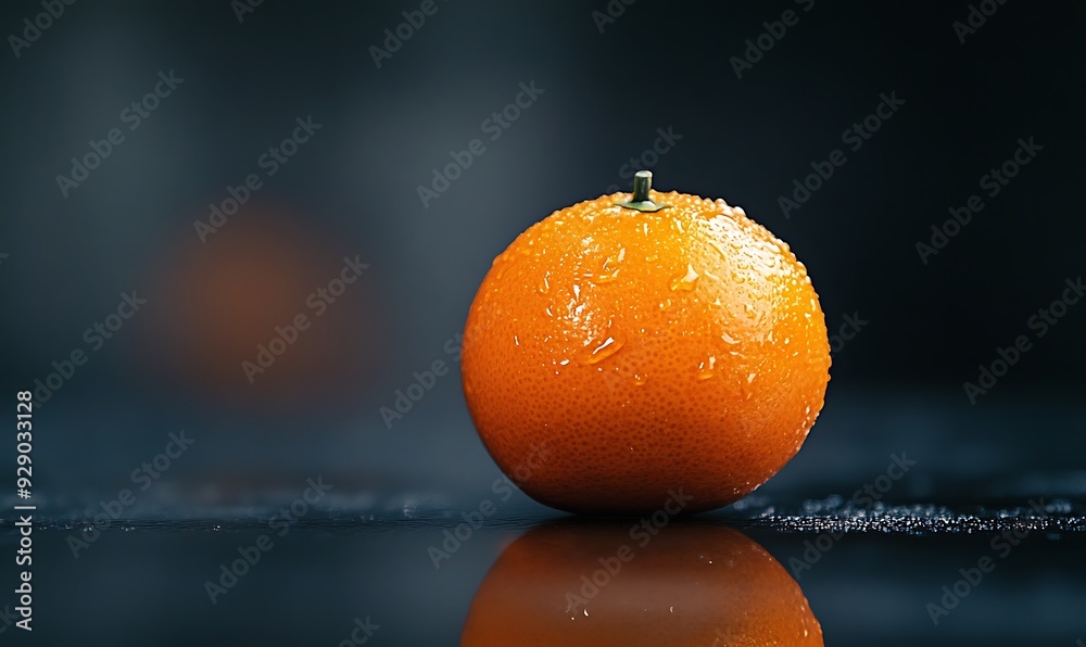 High-Definition Close-Up of Fresh Orange on Reflective Studio Floor High-Definition Close-Up of Fresh Orange on Reflective Studio Floor