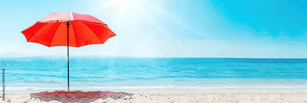 Bright red umbrella providing shade on a sunny beach with clear blue skies and calm ocean waves in the background. Bright red umbrella providing shade on a sunny beach with clear blue skies and calm ocean waves in the background.