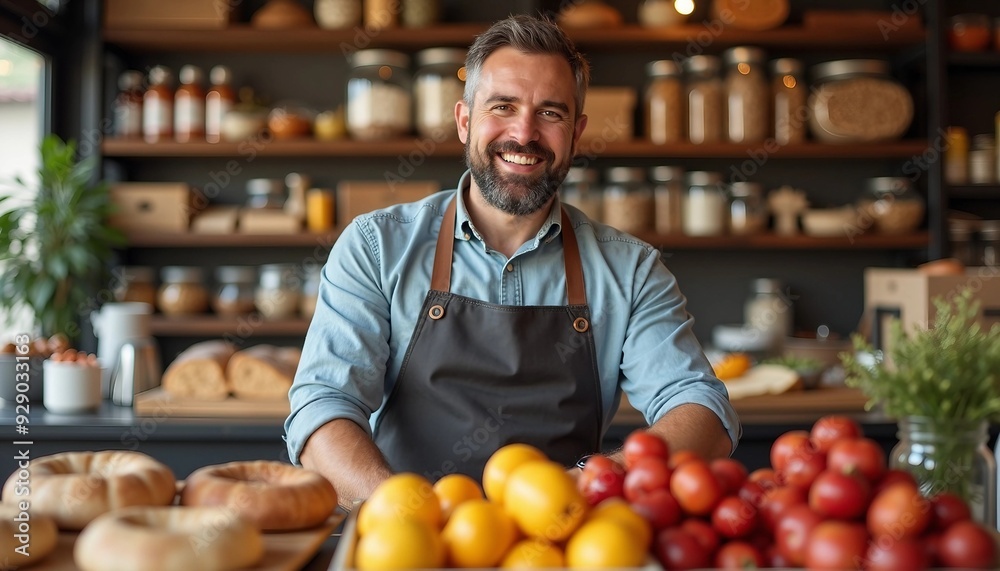 Portrait of a delicatessen owner with a friendly smile, arranging items in a well-stocked shop. Depth of field and symmetry create an advertising-style layout with space for text.
Portrait of a delicatessen owner with a friendly smile, arranging items in a well-stocked shop. Depth of field and symmetry create an advertising-style layout with space for text.