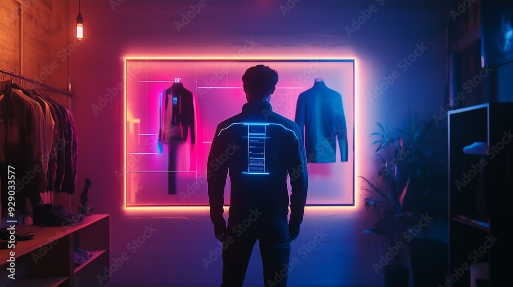 A man in a dark room with neon lighting stands in front of a screen displaying two items of clothing on mannequins. A man in a dark room with neon lighting stands in front of a screen displaying two items of clothing on mannequins.