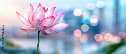 Beautiful pink lotus flower with a soft-focus cityscape background, symbolizing tranquility and beauty in an urban setting.